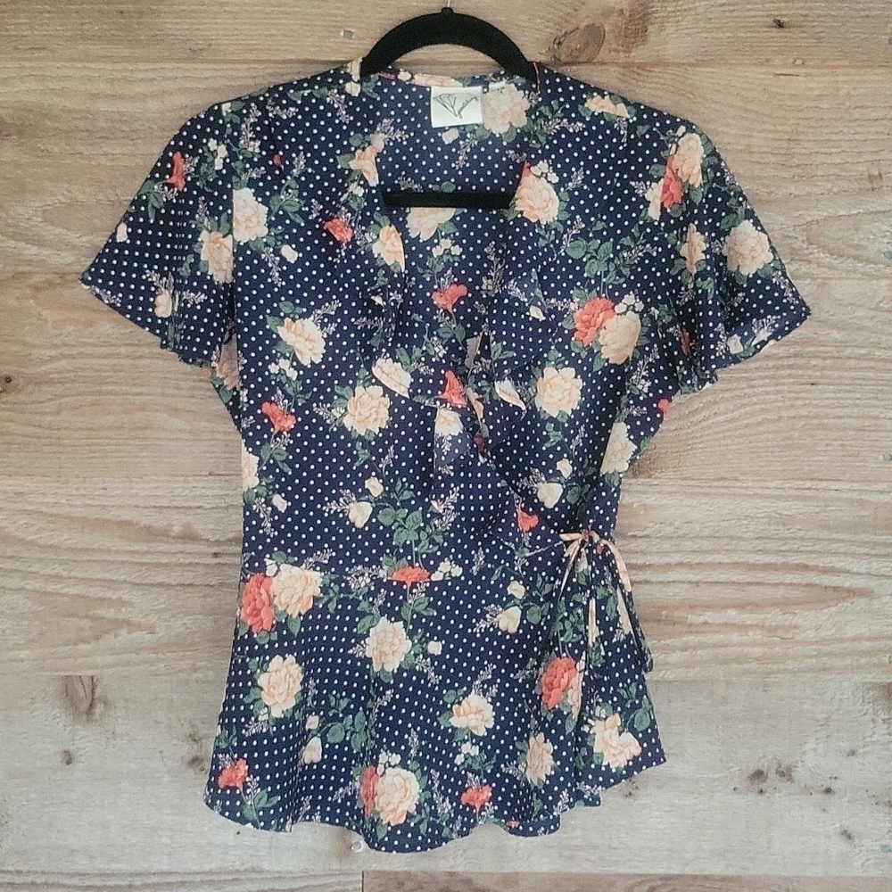 Navy Blue and Floral Faux Wrap Top Size Medium